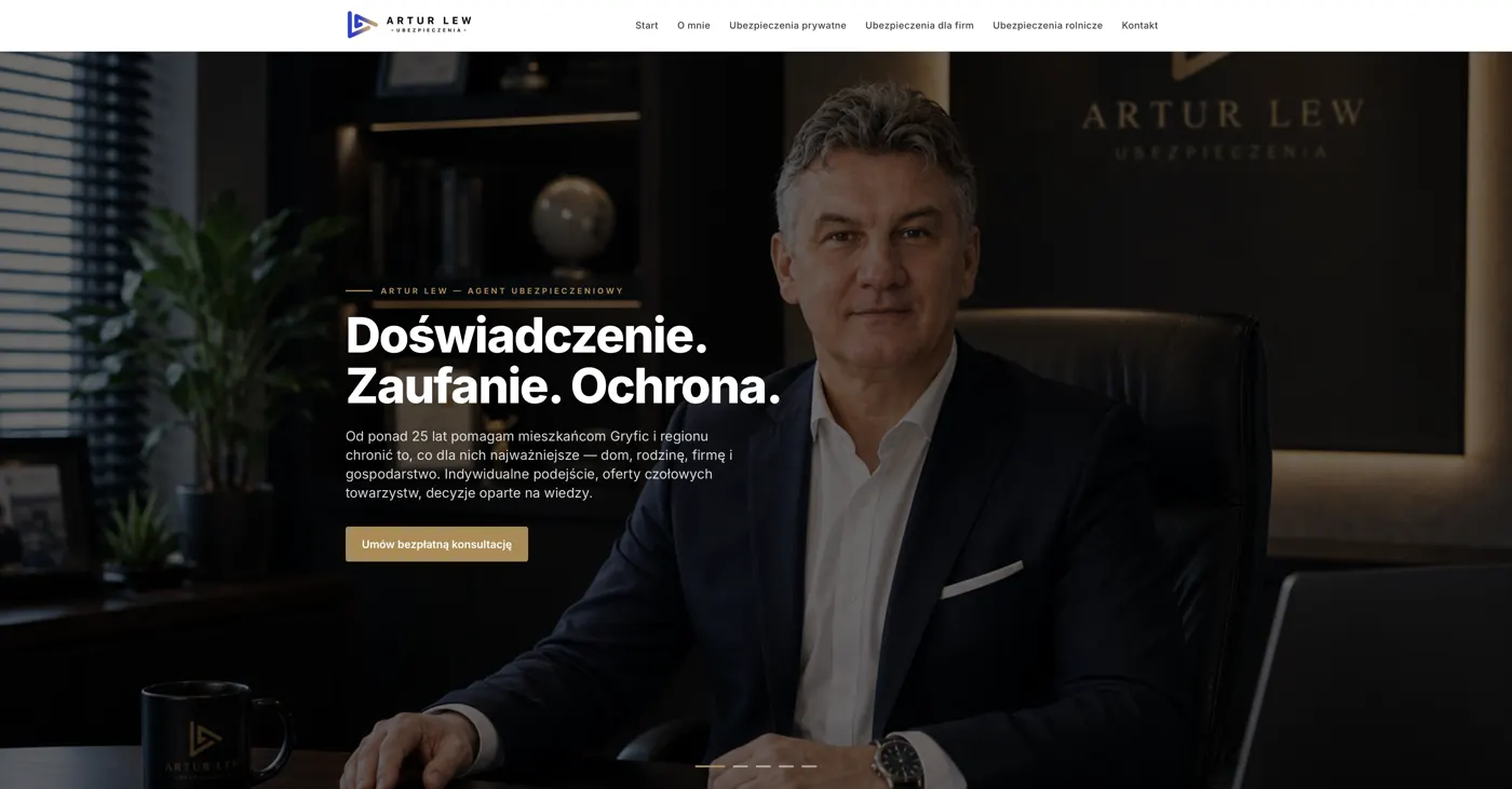 Pierwszy ekran strony Artur Lew Ubezpieczenia prowadzonej w Northframe