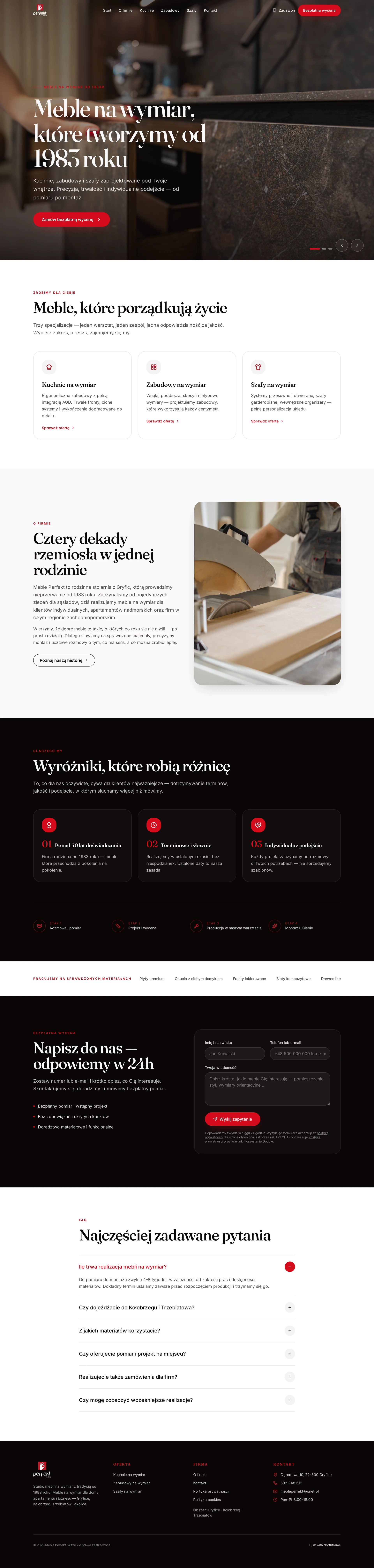 Strona Meble Perfekt — prezentacja kuchni i zabudów na wymiar na stronie głównej