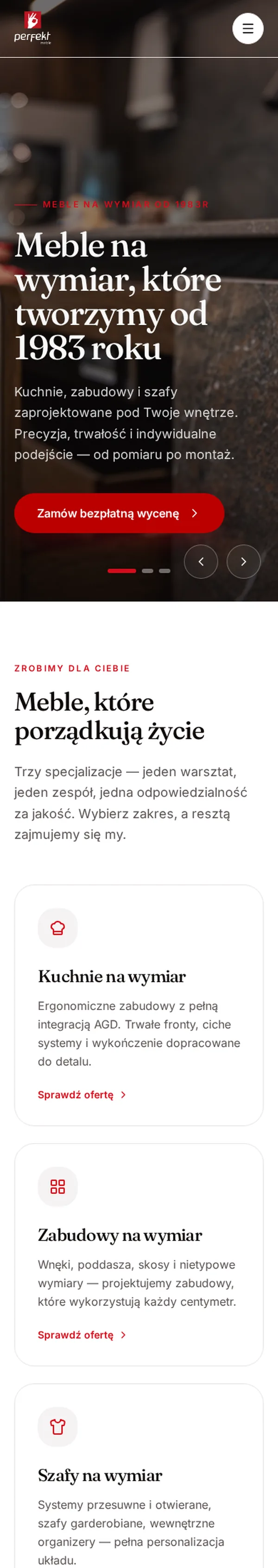 Strona internetowa Meble Perfekt — realizacja Northframe, widok na telefonie